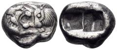Greek KINGS OF LYDIA. Kroisos, circa 560-546 BC. Siglos (Silver, 15 mm, 5.26 g), Sardes, 550-546. Confronted foreparts of a lion, on the left, and a bull, on the right. Rev. Two incuse squares of uneq