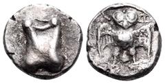 Greek LYCIA. Phaselis. 4th century BC. Obol (Silver, 10 mm, 1.10 g, 8 h). Astragalos (knucklebone used for playing dice). Rev. A-Φ Owl standing facing, with spread wings. Heipp-Tamer 80 var. (both die