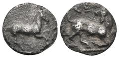 Greek CILICIA. Kelenderis. Circa 425-400 BC. Hemiobol (Silver, 7 mm, 0.28 g, 2 h). Horse prancing to right. Rev. ΚΕ Goat kneeling right, head turned to look back. Cf. Göktürk 9 (obol). C. SNG BN 116-7