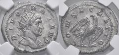 Roman Imperial Divus Trajan, died 117. Antoninianus (Silver, 23 mm, 4.48 g, 1 h), struck under Trajan Decius, Rome, 250-251. DIVO TRAIANO Radiate head of Trajan to right. Rev. CONSECRATIO Eagle standi