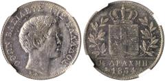 The El Greco Collection of Modern Greek Rarities / Otho GREECE. Otho, 1832-1862. 1/2 Drachmi 1834 (Silver, 19 mm, 2.27 g, 6 h), Paris, struck from dies by Carl Friedrich Voigt, reeded edge. ΟΘΩΝ ΒΑΣΙΛ