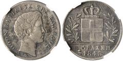 The El Greco Collection of Modern Greek Rarities / Otho GREECE. Otho, 1832-1862. 1/2 Drachmi 1843 (Silver, 19 mm, 2.22 g, 6 h), Athens, struck from dies by Carl Friedrich Voigt, reeded edge. ΟΘΩΝ ΒΑΣΙ