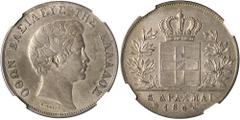 The El Greco Collection of Modern Greek Rarities / Otho GREECE. Otho, 1832-1862. 5 Drachmai 1844 (Silver, 38 mm, 22.27 g, 6 h), Athens, struck from dies by Carl Friedrich Voigt, reeded edge. ΟΘΩΝ ΒΑΣΙ