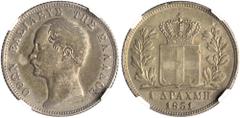 The El Greco Collection of Modern Greek Rarities / Otho GREECE. Otho, 1832-1862. 1 Drachmi 1851 (Silver, 21 mm, 4.43 g, 7 h), Athens (or Vienna according to some scholars), struck from dies by K. Lang