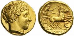 Coins of the Greeks Kings of Macedon Philip II. 359-336 BC. Stater (Gold, 8.59 g 3), Amphipolis, 340-328. Laureate head of Apollo to right. Rev. FILIPPOU Biga galloping to right, the driver holds the 