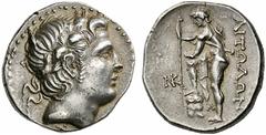 Coins of the Greeks Aitolia Circa 250-225 BC. Stater (Silver, 10.47 g 11). Head of Apollo to right, wearing oak wreath; below neck, LU. Rev. AITWLWN Aitolos, nude but for his hat hanging down his back