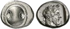 Coins of the Greeks Boeotia Thebes. Circa 425-395 BC. Stater (Silver, 12.15 g). Boeotian shield. Rev. Q-E Head of Dionysos to right, bearded and wearing an ivy wreath. BCD Boiotia 441/2 var. ( differi