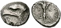 Coins of the Greeks Elis Olympia. 94th Olympiad. 404 BC. Stater (Silver, 12.36 g 6), Unsigned but by Da.. . Eagle’s head to left with large white poplar leaf below. Rev. FA Vertical thunderbolt with w