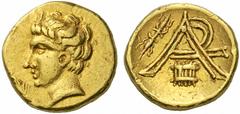 Coins of the Greeks Arkadia Megalopolis. c. 320s-c. 275. Quarter Stater (Gold, 2.04 g 6). Horned head of Pan to left. Rev. Monogram of AR in outline form; to left, thunderbolt; below, syrinx. Unique a