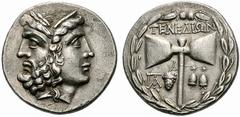 Coins of the Greeks Mysia Islands off Troas, Tenedos. Circa 100-70 BC. Tetradrachm (Silver, 16.27 g 12). Janiform head composed of a laureate and bearded head of Zeus to left and a diademed head of He