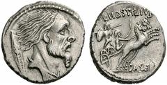 Coins of the Romans L. Hostilius Saserna. 48 BC. Denarius (Silver, 3.68 g 10). Bearded male head to right, his hair straggling out behind him; cloak around neck and Gallic shield behind. Rev. L.HOSTIL