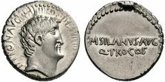 Coins of the Romans Mark Antony. Denarius (Silver, 3.86 g 1), with M. Junius Silanus, mint moving with Antony, probably Athens, 32 BC. ANTON AVG IMP III COS DES III III [V R P C] Bare head of Antony t