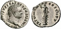 Coins of the Romans Titus. AD 79-81. Denarius (Silver, 3.35 g 6), 79, after 1 July. IMP TITVS CAES VESPASIAN AVG P M Laureate head of Titus to right, with slight beard. Rev. TR P VIIII IMP XV COS VII 