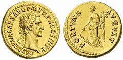 Coins of the Romans Nerva. AD 96-98. Aureus (Gold, 7.48 g 6), Late September - December 97. IMP NERVA CAES AVG P M TR P II COS III P P Laureate head of Nerva to right. Rev. FORTVNA AVGVST Fortuna stan