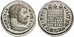 Coins of the Romans Maximianus. First reign, AD 286-305. Argenteus (Silver, 3.33 g 12), Serdica, c. 303/4-305. MAXIMIANVS AVG Laureate head of Maximianus to right. Rev. VIRTVS MILITVM /.SM.SDA. Camp g
