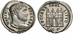 Coins of the Romans Galerius. As Caesar, AD 293-305. Argenteus (Silver, 3.36 g 11), Thessalonica, c. 302. MAXIMIANVS NOB C Laureate head of Galerius to right. Rev. CONCORDIA MILITVM / TS.G. Camp gate 