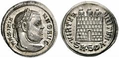 Coins of the Romans Galerius. AD 305-311. Argenteus (Silver, 3.22 g 12), Serdica, c. 305-306. MAXIMIANVS AVG Laureate head of Galerius to right. Rev. VIRTVS MILITVM /.SM.SDA. Camp gate with open door 