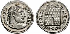 Coins of the Romans Galerius. AD 305-311. Argenteus (Silver, 3.20 g 1), Serdica, c. 305-306. MAXIMIANVS AVG Laureate head of Galerius to right. Rev. VIRTVS MILITVM /.SM.SDE. Camp gate with open door a
