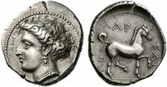 Coins of Thessaly, the BCD Collection Larissa Circa 370-360 BC. Drachm (Silver, 6.10 g 12). LARISA Head of the nymph Larissa to right, her hair bound at the top of her head, wearing triple-pendant ear