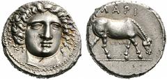 Coins of Thessaly, the BCD Collection Larissa Circa 400-380 BC. Drachm (Silver, 5.93 g 10), Simos. Head of the nymph Larissa facing, turned slightly to right, wearing ampyx. Rev. LARI Horse with strai