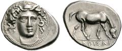 Coins of Thessaly, the BCD Collection Larissa Circa 400-380 BC. Drachm (Silver, 5.97 g 10). Head of the nymph Larissa facing, turned slightly to the right, wearing ampyx. Rev. LARISAI Horse grazing to