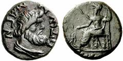 Coins of Thessaly, the BCD Collection Magnetes Time of Nero. Tetrachalkon (Bronze, 18mm, 4.83 g 7). MAGN - HTwN Draped bust of Asklepios to right. Rev. Asklepios seated left on backless throne; holdin