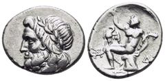 Greek ARKADIA, Arkadian League. Megalopolis. Circa 175-168 BC. Triobol (Silver, 16 mm, 2.39 g, 8 h). Laureate head of Zeus to left. Rev. Pan seated left on rock, his right hand raised and holding lago