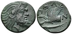 Greek CIMMERIAN BOSPOROS. Pantikapaion. Circa 310-304/3 BC. Tetrachalkon (Bronze, 20.5 mm, 5.21 g, 6 h). Bearded head of satyr to right. Rev. Π-Α-Ν Forepart of griffin left; below, sturgeon to left. H