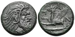 Greek CIMMERIAN BOSPOROS. Pantikapaion. Circa 310-304/3 BC. Tetrachalkon (Bronze, 21 mm, 6.95 g, 11 h). Bearded head of satyr to right. Rev. Π-Α-Ν Forepart of griffin left; below, sturgeon to left. HG
