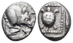 Greek DYNASTS OF LYCIA. Protodynastic Period, circa 490-430 BC. Obol (Silver, 9 mm, 0.79 g, 12 h). Forepart of a boar to right. Rev. Tortoise within an incuse square lined by pellets. Apparently unpub