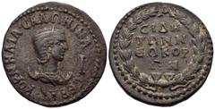 Roman Provincial PAMPHYLIA. Side. Salonina, Augusta, 254-268. (Bronze, 29 mm, 22.46 g, 6 h). ΚΟΡΝΗΛΙΑ ϹΑΛΩΝΙΝΑ ϹΕΒΑ Diademed and draped bust of Salonina to right, set on a crescent; to right, I. Rev. 