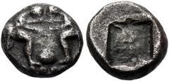 The Anthony Milavic Collection of Ancient Games Coins Athletics Wrestling: Gripping each other ASIA MINOR. Uncertain mint. Early-mid 5th century. Obol (Silver, 9.5 mm, 0.94 g). Two wrestlers about to 