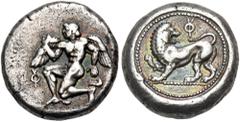 The Anthony Milavic Collection of Ancient Games Coins Athletics Running: Divine Runner CARIA. Uncertain Mint "B". Circa 460-440 BC. Triobol (Silver, 12.5 mm, 2.90 g, 6 h). Nude male figure, of Classic