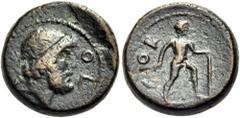 The Anthony Milavic Collection of Ancient Games Coins Athletes Cleaning up after the struggle CORINTHIA. Corinth. Domitian, 81-96. Semis (Bronze, 15.5 mm, 4.51 g, 12 h). COL Head of Neptune to right, 