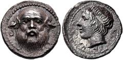 Greek SICILY. Katane. Circa 410-405 BC. Drachm (Silver, 16.5 mm, 3.68 g, 8 h). Facing head of bald and bearded Silenos with pointed ears. Rev. ΚΑΤΑΝΑΙΩΝ Head of the river god Amenanos to left, his hai