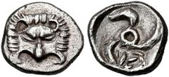 Greek DYNASTS OF LYCIA. Uncertain dynast, 4th century BC. Hemiobol (Silver, 7.5 mm, 0.36 g). Facing lion's scalp. Rev. Triskeles, with central annulet, moving to left; between two of the legs, uncerta
