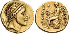 Greek SELEUKID KINGS. Antiochos II Theos, 261-246 BC. Stater (Gold, 18 mm, 8.45 g, 5 h), Aï Khanoum. Diademed head of Antiochos II to right. Rev. ΒAΣΙΛEΩΣ ΑNTIOXOY Apollo seated to left on an omphalos