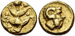 Greek KYRENAICA. Kyrene. Circa 435-375 BC. Dilitron (Gold, 9 mm, 1.72 g, 7 h). Silphium plant with four leaves (two on each side), and five flowers (one at the top and one above each pair of leaves). 