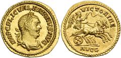 Roman Imperial & Provincial Valerian I, 253-260. Aureus (Gold, 20 mm, 3.22 g, 12 h), Samosata, 260. IMP C P LIC VALERIANVS AVG Laureate, draped and cuirassed bust of Valerian to right. Rev. VICTORIAE 