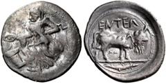 The Jonathan H. Kagan Collection of Ancient Greek Coins SICILY. Entella. Circa 440-430 BC. Litra (Silver, 13 mm, 0.30 g, 8 h). Nymph standing to left, pouring a libation, over an altar to left from a 