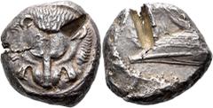 The Jonathan H. Kagan Collection of Ancient Greek Coins SICILY. Messana (as Zankle). Samian occupation, 493-488 BC. Tetradrachm (Silver, 22 mm, 17.21 g, 3 h), year 4 = 490/89. Lion's scalp facing. Rev