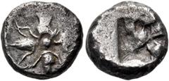 The Jonathan H. Kagan Collection of Ancient Greek Coins MACEDON. "Stagira". Circa 520-489 BC. Triobol (Silver, 10 mm, 1.88 g), from the "Roses of Pangaeum" series. Large pellet within circle with hors