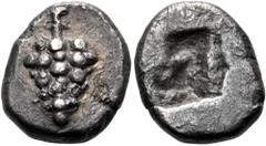 The Jonathan H. Kagan Collection of Ancient Greek Coins MACEDONIA OR THE NORTHERN AEGEAN AREA. Uncertain mint. c. 500 BC. Diobol (Silver, 13 mm, 2.03 g). Bunch of grapes on stem. Rev. Rough incuse squ