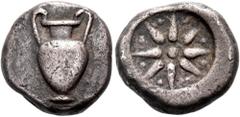 The Jonathan H. Kagan Collection of Ancient Greek Coins KORKYRA. Korkyra. Circa 480-450 BC. Triobol (Silver, 12 mm, 2.70 g). Volute krater with tall handles. Rev. Eight-rayed star with eight pellets b