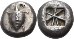 The Jonathan H. Kagan Collection of Ancient Greek Coins ISLANDS OFF ATTICA, Aegina. Circa 550-530/25 BC. Stater (Silver, 21 mm, 12.02 g). Sea turtle, head in profile, with a thin collar and a row of d