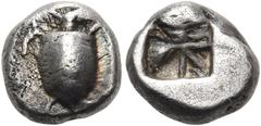 The Jonathan H. Kagan Collection of Ancient Greek Coins ISLANDS OFF ATTICA, Aegina. Circa 510-490 BC. Obol (Silver, 8 mm, 1.05 g). Sea turtle, head in profile. Rev. Incuse square of 'Union Jack' desig