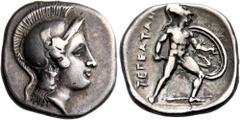 The Jonathan H. Kagan Collection of Ancient Greek Coins ARKADIA. Tegea. Circa 350-330 BC. Triobol or Hemidrachm (Silver, 16 mm, 2.78 g, 9 h). Head of Athena to right, wearing a crested Attic helmet wi