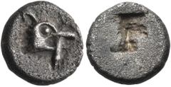 The Jonathan H. Kagan Collection of Ancient Greek Coins MYSIA. Kyzikos. Circa 550-450 BC. Obol (Silver, 9 mm, 1.11 g). Head of a bear to right with a tunny in his jaws. Rev. Rough incuse square. Rosen