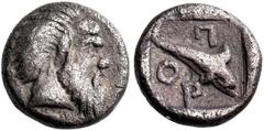 The Jonathan H. Kagan Collection of Ancient Greek Coins ISLANDS OFF MYSIA, Pordosilene. Circa 450-400 BC. Hemiobol (Silver, 7 mm, 0.50 g, 2 h). Bearded head of Silenos to right, with an animal ear. Re