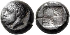 The Jonathan H. Kagan Collection of Ancient Greek Coins LESBOS. Uncertain mint. Circa 480 BC. 1/12 Stater (Billon, 7 mm, 1.06 g). Head of a young, male African to left (Aithiops?). Rev. Quadripartite 